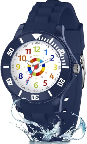 Ayybboo Kinderuhr Jungen Mädchen,Lernuhr Armbanduhr Kinder Analog mit 3ATM Wasserdicht,Weiches Band,Leicht Ablesbar 4-12 Jahre (Blau)