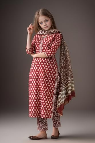 Image of Girls Printed Pure Cotton Kurta Pant with Dupatta