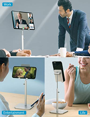 ODOSOLA Cell Phone Stand, Newly-Upgraded Angle/Height Adjustable Mobile Phone Holder for Desk Home, 4-11\'\' Eye-Level Aluminum iPad Stand Holders Compatible with iPhone iPad Kindle(Silver)