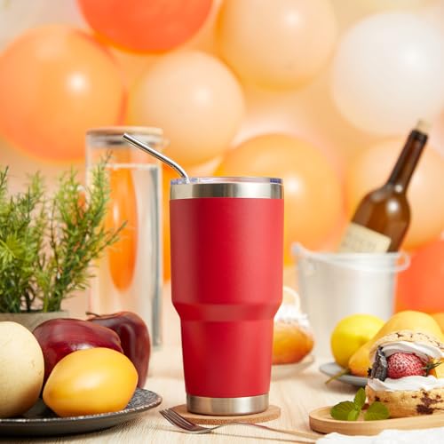 Image of MEWAY 30oz Insulated Tumbler With Lids and Straws,Stainless Steel Double Vacuum Coffee Tumbler Cup, Brush, Durable Powder Coated Coffee Cup for Cold & Hot Drinks, Office, Travel(Coral red,4 PACK)