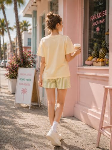 Image of Teen Girls Clothes 2 Piece Graphic T Shirt & Striped Shorts Outfit Set Summer Back to School Clothes Size 7-14