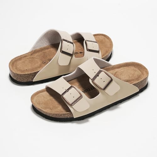 Project Cloud Flat Sandals Women Comfortable Genuine Leather Memory Foam Beach Essentials Womens Sandals Cork Footbed Women's Sandals Vacation Essentials Slides for Women Footwear (Venita, Beige,7) - 5