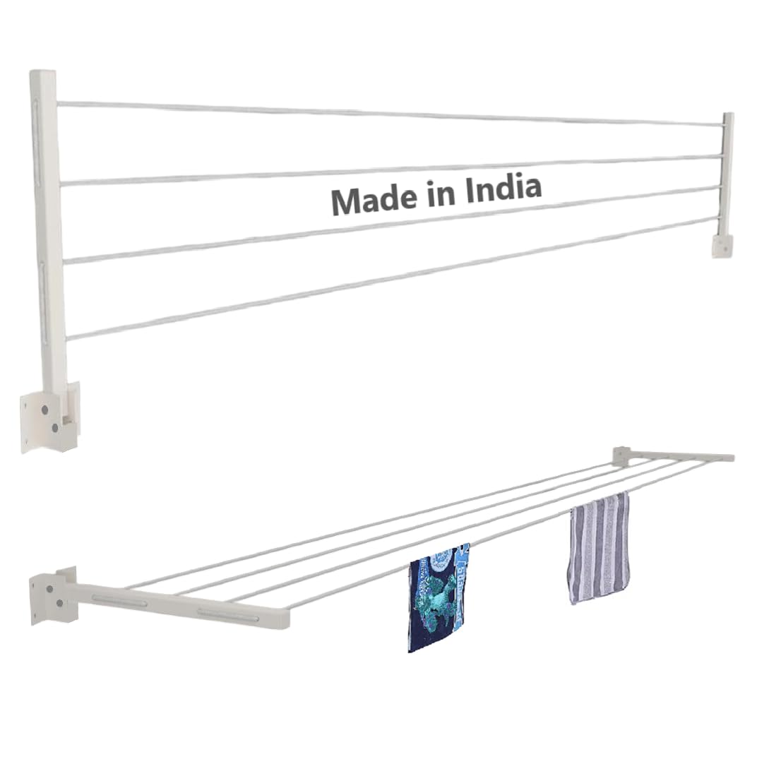 ERHETUS Heavy Duty Wall Mount Cloth Drying Stand | Foldable & Collapsible Cloth Dryer Hanger | Metal Clothes Dry Rack for Home, Balcony, Indoor, Outdoor with 40 Feet Rope and Fasteners (4 Tier)
