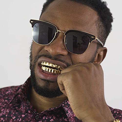 LuReen 8 Teeth Grillz 14k Gold Top and Bottom Grills Set Shiny Hip Hop Teeth Grillz + Extra Molding Bars for Halloween Costume Cosplay4