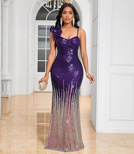 Image of Cololura Women Sexy Elegant Sequin High Split Ruffled Hem Mermaid Party Cocktail Bodycon Formal Evening Gowns Maxi Dress