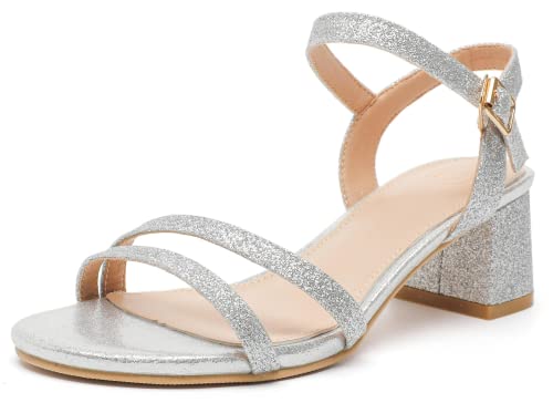 kkdom Women's Open Toe Ankle Strap Glitter Sandals Pumps Low Block Chunky Heels Wedding Dress Shoes4