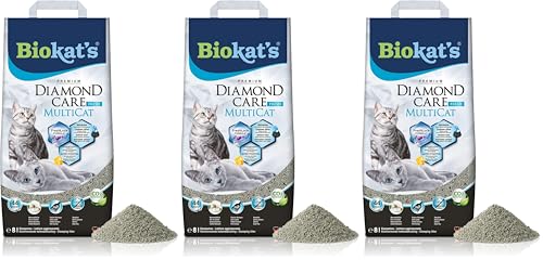 Biokat's Diamond Care MultiCat Fresh, con Fragancia - Arena Fina con carbón Activo para hogares en los Que Viven Varios Gatos 1 Saco (1 x 8 l) (Paquete de 3)