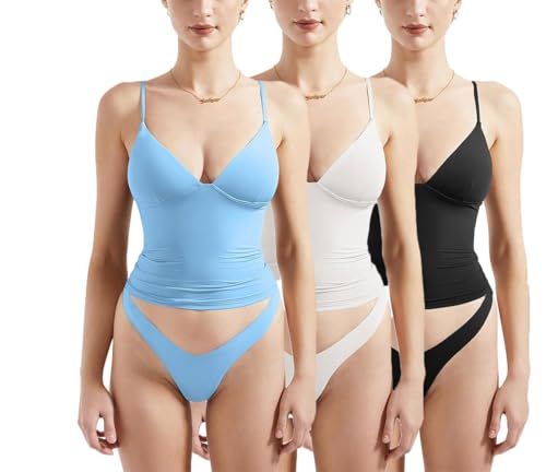 Women's Sexy V Neck 3 Pieces Cami Top Sleeveless Spaghetti Double Layer Fitted Crop Tank Tops