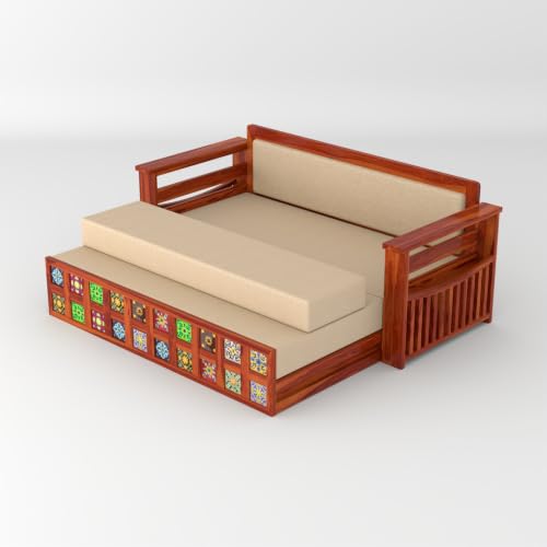 Image of Solid Sheesham Wood Sofa Cums Bed with Mattress & Storage | Rosewood Convertible Sofa Bed for Living Room & Bedroom (F-Honey Finish, 3 Seater)