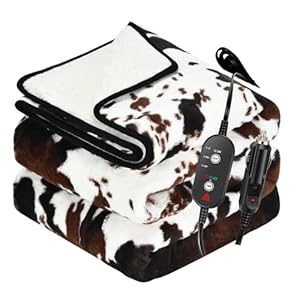 Manta térmica con estampado de vaca, manta eléctrica actualizada de 12/24 voltios, 3 niveles de calefacción y apagado automático de 4 horas, manta térmica portátil para automóvil, camión