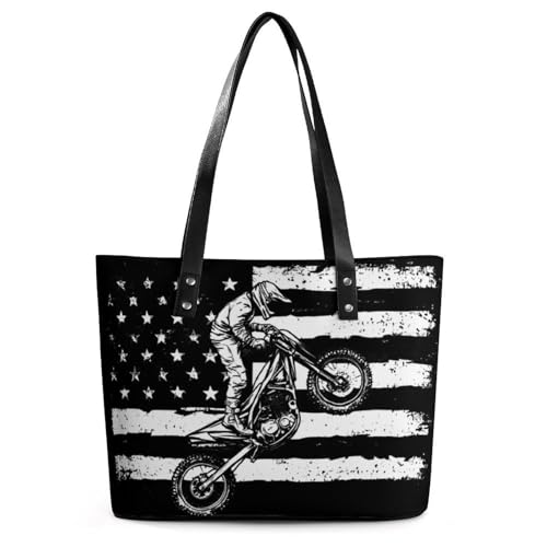 U.S.A Flag Dirt Bike Motorcycle Women's Leather Handbag Shoulder Bag Tote Purse Bags for Shopping Travel