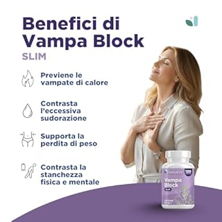 Menopausa Integratori Vampate, VAMPA BLOCK SLIM, 120 Capsule (4 Mesi), Azione 10 in 1, Favorisce l’equilibrio del peso corporeo, Integratore con Isoflavoni di Soia e Agnocasto, Vamp Control
