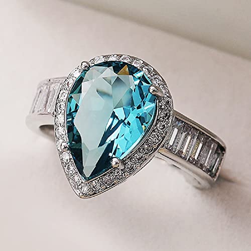 Fashion Waterdrop Pear Shape Cut Aquamarine Gemstone & Baguette CZ Zircon Promise Rings, Bridal Eternity Engagement Wedding Jewelry2