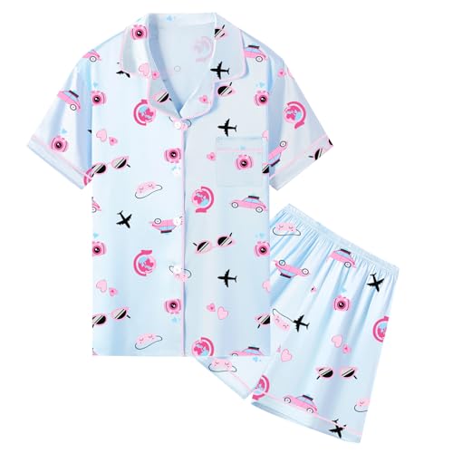 Image of Umeyda Women & Girls Pajamas Set, Soft Satin Lightweight Silk Button-Down Top with Shorts 2 Piece PJS for Mom Boys Kids Gifts