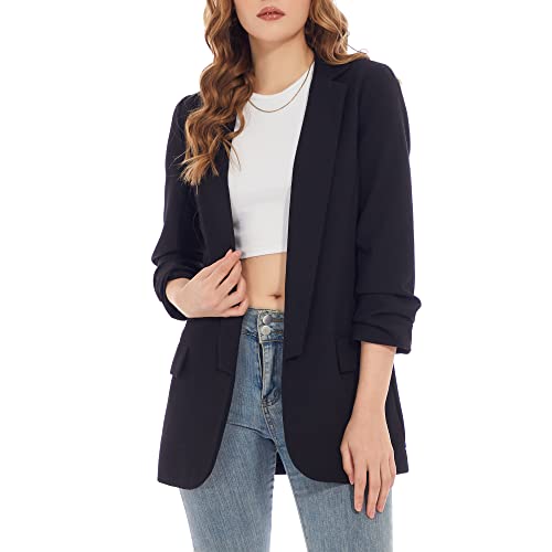 Black Blazer Women 3/4 Sleeve Long Blazers for Women 2023 Fitted Black Blazer Jacket for Women Business Women's Blazer Lined Casual Blazer for Women Office Work Coat(L)