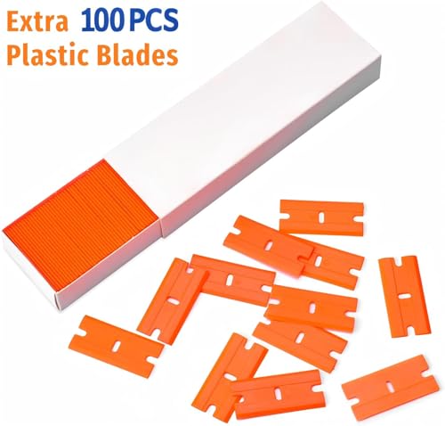 Image of 8 PCS Plastic Razor Blade Scraper Tool with 100 PCS Extra Blades, Cleaning Scraper Remover for Stickers Lables Paints Adhesives on Window Glass Car