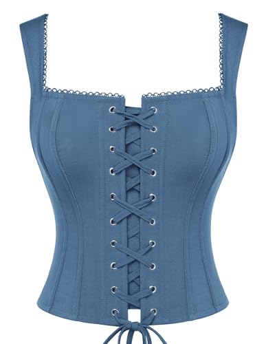 SCARLET DARKNESS Womens Corset Top Boned Lace-up Renaissance Pirate Corsets Y2K Overbust Vest Bustier Denim Blue 18