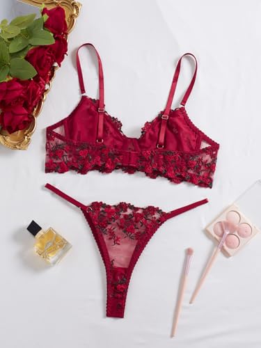 Image of Sexy Floral Embroidered Flower Mesh Underwire Push Up Lingerie Set