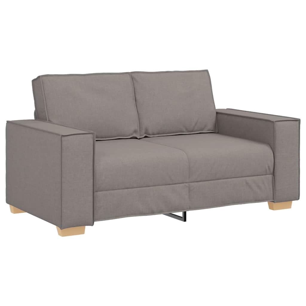 Sofa 2-osobowa w kolorze szarobrązowym (taupe), obicie z poliestru, drewniana rama metalowa, szerokie podłokietniki do salonu, wytrzymała i wygodna