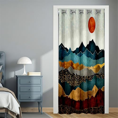 Surwin Cortina de Puerta Opaca con Ojales, Térmicas Aislantes Frio y Calor Cortina de Privacidad Divisoria Puerta para Dormitorio Salón Habitacion Ventana, Montaña (blu,80x180cm)