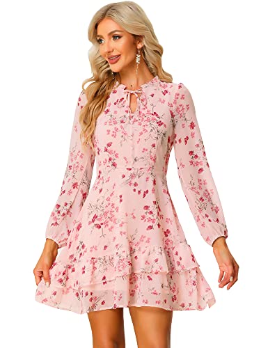 Image of Allegra K Women's Spring Dresses 2026 Tie V Neck Semi Sheer Long Sleeve Layered Tiered Chiffon Mini Floral Dress