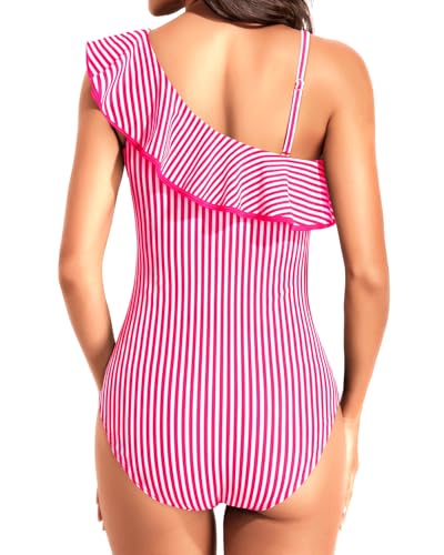 Image of Tempt Me Women One Piece Swimsuits Tummy Control One Shoulder Bathing Suits Ruffle Swimwear