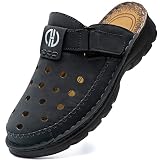 BUGUKI Clogs Mens Mules Summer Leather Sandals Closed Toe Outdoor Beach Garden Clogs Shoes for Male