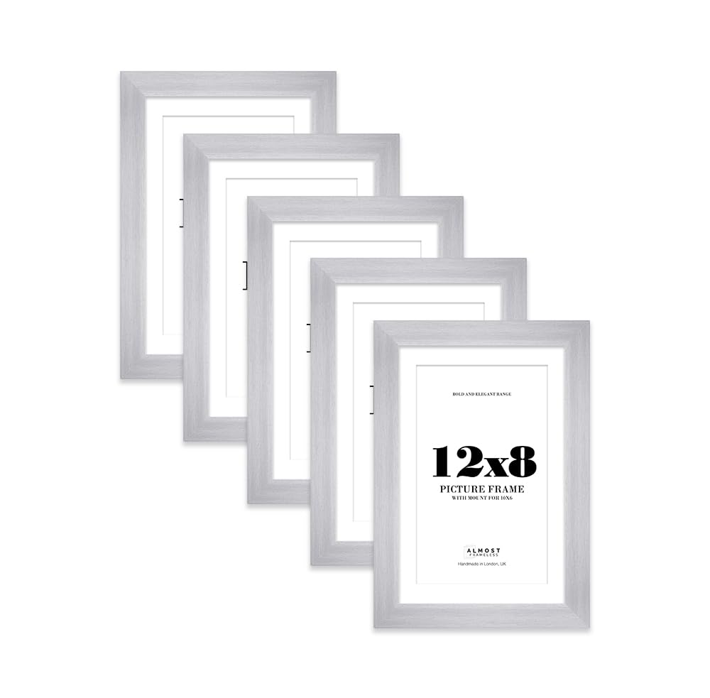 12x8" Silver Frame With Mount for 10x6" Pictures 28mm Edge Portrait and Landscape Display with Wall Hooks and Kickstand, 5 Pack