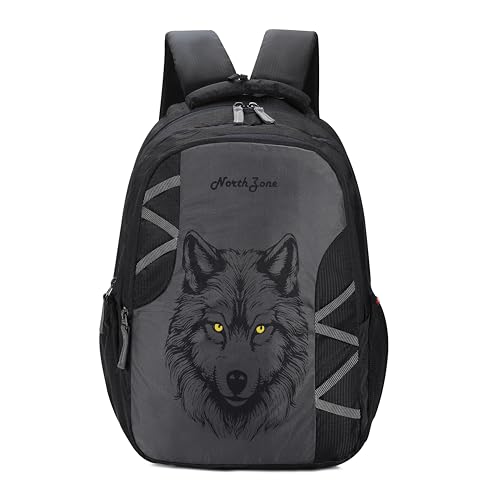 Image of NORTH ZONE Wolf Print School Backpack for Boys & Girls | Water Resistant College Bag for Men & Women | Laptop Backpack with Multiple Compartments | Travel Backpack for Students | Casual Daypack