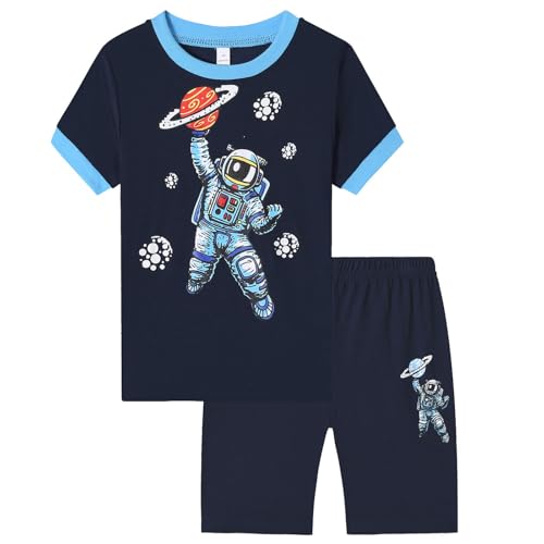 Marineblau Schlafanzug Jungen 140 Sommer Nachtwäsche Für Mädchen Astronauten Kinder Zweiteiler Hausanzug 2-Teiler Kurze Hose Und T-Shirt Pyjama Set Schlafanzüge Kurz Sleepwear Kids Boys