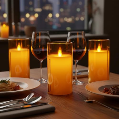 Image of LTETTES LED Flameless Pillar Candle | Amber Glass Cup with Real Wax | Flickering Wick| Battery Powered Electric Candle with Remote Control, Decorative Candle for Home, Bedroom, Living Room | H-6''