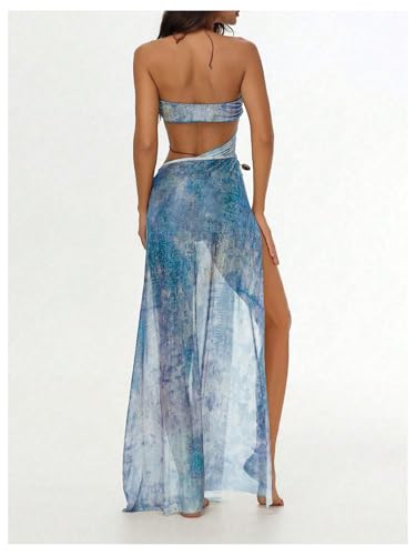 MakeMeChic Women's Halter Mesh Sheer Ruched Asymmetrical Swimsuit Coverup Beach Dress3