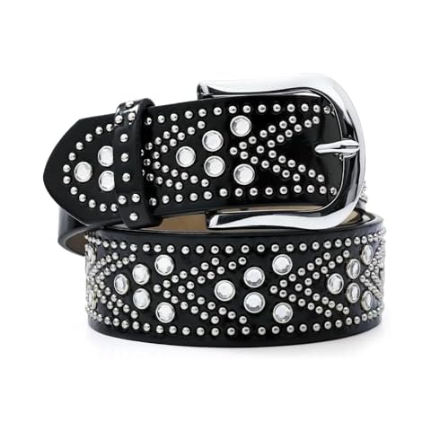 RISANTRY Rhinestone Black Leather Belt for Women Cover