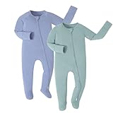 JunNeng Viscose from Bamboo Baby Sleeper,Newborn Footie Pajamas with 2 Way Zipper & Fold Over Mittens,0-12M Haze Blue+Bean Green Newborn