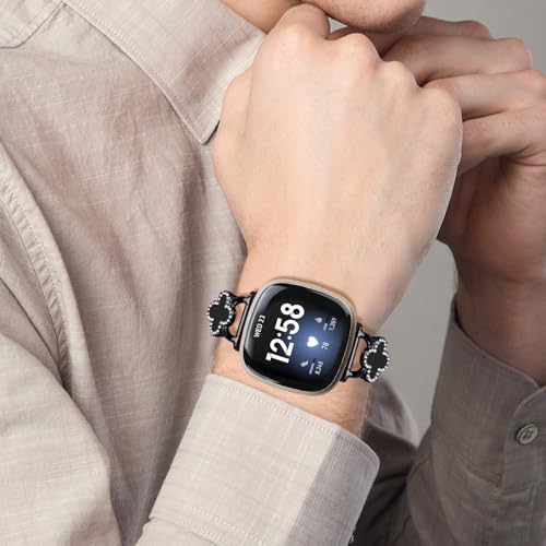 Band Compatible with Fitbit Sense/Sense 2 Versa 3/Versa 4 for Women Stainless Steel Magnetic Strap Adjustable Four Leaf Clover Watch Bands.