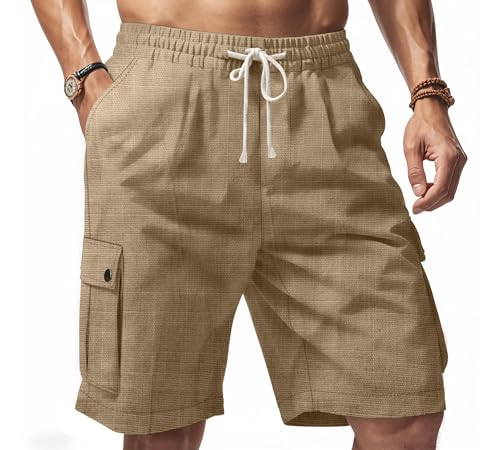ZOCAVIA Men's Summer Linen Shorts Casual Fashion Solid Color Beach Shorts Daily Light Weight Comfy Drawstring Elastic Waisted Cargo Shorts with Pockets Khaki L