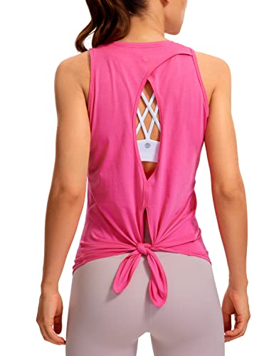 Crz Yoga Women's Pima Cotton Workout Tank Tops Tie Back Sleeveless Shirts Yoga Athletic Open Back Sport Gym Tops Sonic Pink Small #TOP7