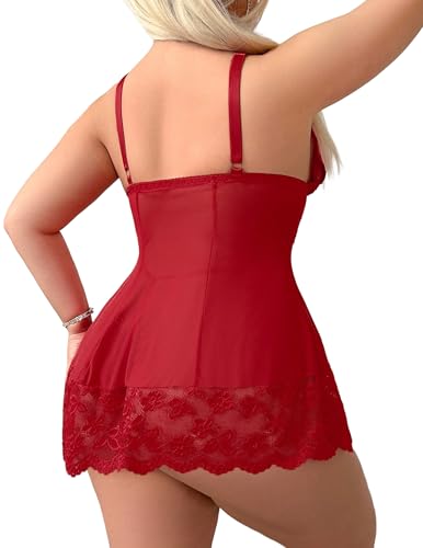 Image of Alrovetoney Women Plus Size Babydoll Lingerie Lace Chemise Mesh Sleepwear Strappy Sexy Nightgown Boudoir Outfit L-4XL