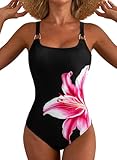 Herseas Women's Metal Ring Adjustable Wide Straps Wire Free Black One Piece Swimsuit Floral Print Tummy Control Slimming Bathing Suit Modest Cruise Essentials Large