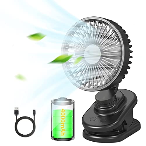 DEWANG Stroller Fan Clip On Fan - 4000mAh Baby Stroller Portable Fan Battery Operated Fan Rechargeable Car Seat Fan Mini Small USB Personal Fan With 3 Speeds Automatic Rotatable For Treadmill Tent