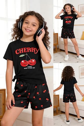 Image of KIDLAGA Girls Two Piece Sets Cherry Pattern Short Sleeve Shirts and Shorts Set With Pockets Girls Summer Outfits Size 7-14