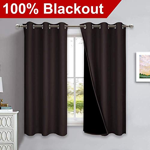 Image of NICETOWN 100% Blackout Short Curtains with Black Liners, 2 Panels, 37 inch W by 60 inch L, Toffee Brown, Solid Thermal Insulated Full Blackout 2-Layer Lined Drapes, Energy Efficiency Window Drapes for Bedroom