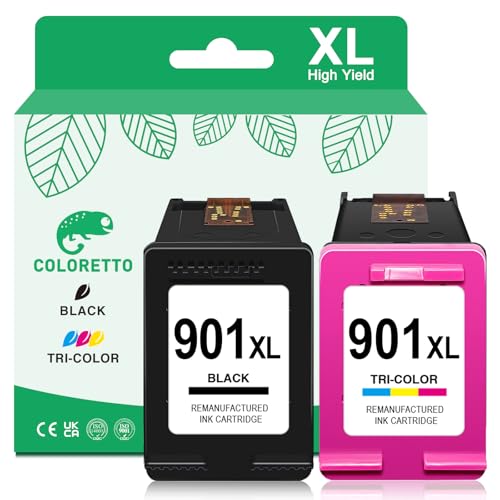 COLORETTO Cartucho de Tinta Remanufacturado Compatible con Officejet J4624 4500 G510n J4524 J4600 Impresoras para HP 901XL 901 XL(1 Negro,1 Tricolor)