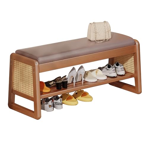 Banc à chaussures entrée bois avec étagère rembourrée couloir et pouf