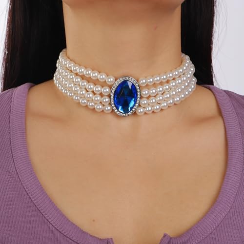 Boho Women Multilayer 1920s Necklace Blue Chunky Dainty Pearls Layered Choker Necklaces Handmade Beads Fashion Chunky Pendant Multilayer Adjustable Layering Chain Necklaces Set for Women (Blue)2