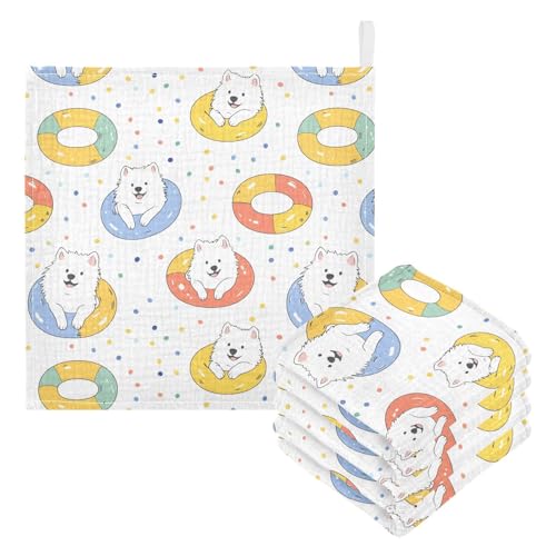 Image of vvfelixl Baby Muslin Washcloths Kawaii Samoyed Swim Baby Burp Cloths Cotton Babys Face Towel for Newborn Infants Boys Girls Soft and Absorbent 11.8 X 11.8 in, 3 Pack
