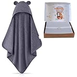 Fuchs&Panda® Kapuzenhandtuch Baby EXTRA dick, warm & weich | 75x75cm Babyhandtuch mit Kapuze (100% Bambus) | Baby Handtuch Kapuze mit toller Geschenkverpackung (Blau-grau)