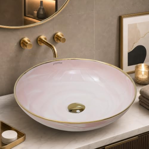 Image of Plantex Wash Basin /Ceramic Table Top Wash Basin /Designer Countertop Basin for Bathroom /Restaurants /Hotel (Pink & Gold - 16.5 x 16.5 x 4 Inch)