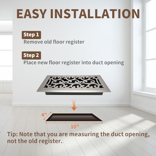 SANYCASA 4x10 Inches Air Floor Vents Register Ease Adjust Air Flow Savannah Design-Heavy Duty Walkable Steel Decorative Floor Vent for Room- Satin Nickel Floor Vent Covers - 2 Pack - Thumbnail 6