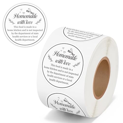 PANTIDE Cottage Food Law Labels Stickers - 500 Count Homemade with Love Adhesive Round Decal Roll, Made in a Home Kitchen Inspection Statement Thermal Printed for Baked Food Packaging (2 x 2 Inch)